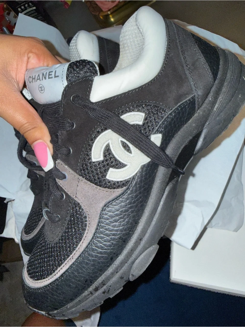 CHANEL Black and White Logo Low-Top Sneakers AUTHENTIC